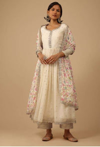 Off White Anarkali Suit Set In Organza With Multicolor Floral Embroidery