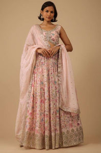 Powder Pink Lehenga Set In Chinon With Floral Print And Gota Work On The Hem