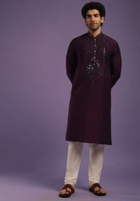 Wine Purple Kurta Set In Art Silk With Mirror Embroidery