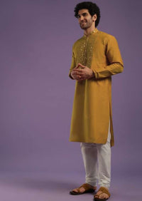 Ocher Yellow Kurta Set In Art Silk With Mirror Embroidery