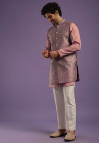 Dusty Pink Jacket Kurta Set In Art Silk With Machine Print And Thread Embroidery