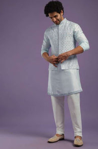 Powder Blue Jacket Kurta Set In Silk With Thread And Mirror Work