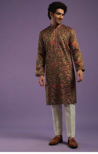 Chocolate Brown Floral Printed Kurta Set In Jacquard