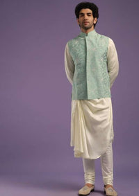 Powder Blue Bandi Jacket Set In Tussar With A Cowl Pleated Kurta