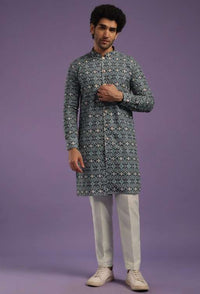 Airforce Blue Printed Kurta Set In Cotton