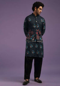 Navy Blue Jacket Kurta Set In Silk With Sequins Embroidery
