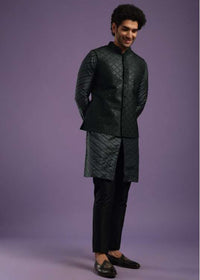 Black Jacket Kurta Set In Cotton Silk With Sequins And Thread Work