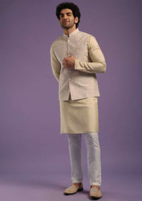 Light Gold Jacket Kurta Set In Art Silk With Machine Print