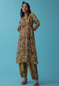 Lime Green Floral Printed Co-ord Palazzo-Kurta Set In Mul Cotton With Sequins Embroidery - RE By Kalki