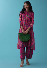 Rouge Pink Floral Printed Co-ord Set In Mul Cotton With Sequins Embroidery - RE By Kalki