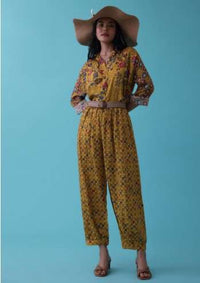 Mustard Yellow Floral Printed Co-ord Set In Mul Cotton With Sequins Embroidery - RE By Kalki