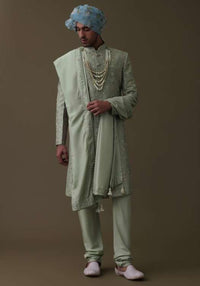 Pista Green Sherwani Set In Raw Silk With Cut Dana And Thread Embroidery