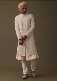 Peach Pink Sherwani Set In Silk With Resham And Cut Dana Work