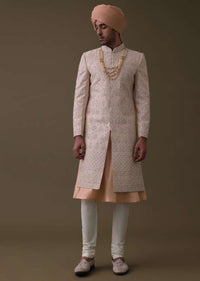 Peach Pink Sherwani Set In Tussar With Cut Dana And Thread Work