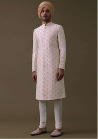 Baby Pink Sherwani Set In Silk With Moti And Sequins Work