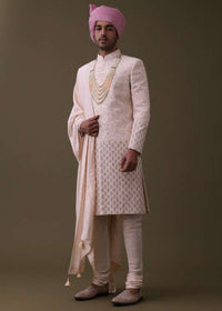 Baby Pink Sherwani Set In Raw Silk With Thread Work And Moti Embroidery