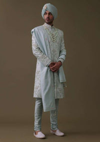 Pista Green Sherwani Set In Raw Silk With Moti, Cut Dana, And Thread Embroidery