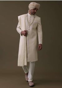 Off White Sherwani Set In Silk With Lucknowi Embroidery