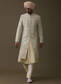 Lemon Yellow Embroidered Sherwani Set In Silk With Mala And Anarkali Line Kurta