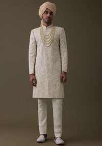 Beige Embroidered Sherwani Set In Linen With Resham And Threadwork