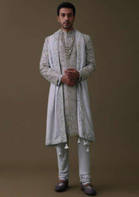 Silver Grey Embroidered Sherwani Set In Raw Silk With Dupatta And Mala
