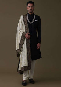 Black Sherwani Set In Silk With Embroidered Dupatta And Mala