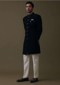 Navy Blue Embroidered Sherwani Set In Polyester With Collar Detailing