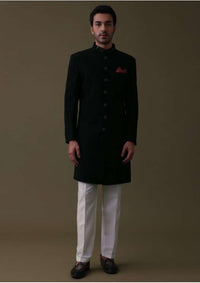 Black Embroidered Sherwani Set In Polyester With Collar Detailing