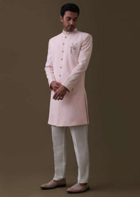 Baby Pink Embroidered Sherwani In Silk With Collar Detailing