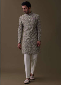 Lavender Purple Floral Printed Sherwani Set In Silk Fabric