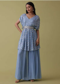 Powder Blue Palazzo Top Set In Georgette With Sequins Work