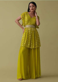 Cyber Yellow Palazzo Top Set In Georgette With Sequins Work