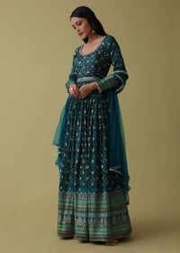 Teal Blue Anarkali Suit Set In Silk With Bandhani Print And Brocade Weave