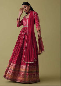 Cherry Red Anarkali Suit Set In Silk With Bandhani Print And Brocade Weave