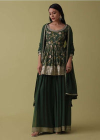 Deep Green Brocade Palazzo Top Set In Cotton Silk With Resham, Sequins, And Zari Work