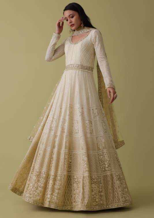White Ombre Georgette Anarkali Suit Set With Lucknowi Embroidery