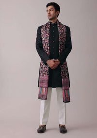 Black Sherwani Set In Polyester With Floral Printed Stole And Collar Detailing