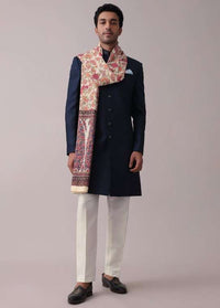 Midnight Blue Poyester Sherwani Set With Floral Printed Stole And Collar Detailing