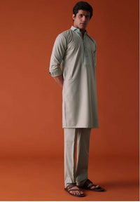 Cool Grey Pathani Kurta Set in Terry Rayon With Yoke Detailing