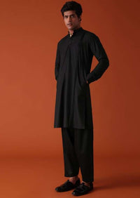 Black Pathani Kurta Set In Terry Rayon With Embroidery