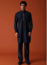 Navy Blue Pathani Kurta Set In Terry Rayon With Red Strip On The York