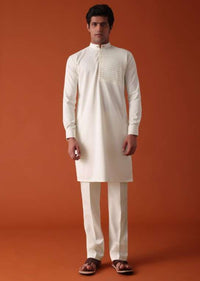 Pearl White Pathani Kurta Set In Terry Rayon With One Side Pleating