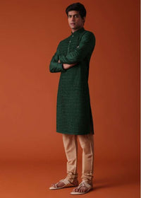 Bottle Green Kurta Set In Art Silk With Heavy Pleating