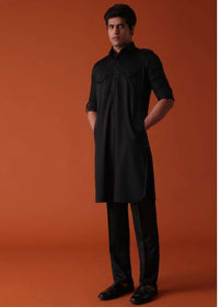 Black Pathani Kurta Set In Terry Rayon