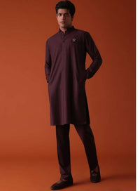 Wine Purple Pathani Kurta Set In Terry Rayon With Threadwork