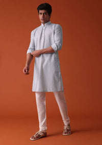 Cloud Grey Kurta In Cotton Silk With Printed Buttis