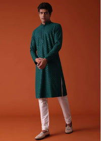 Peacock Green Chikankari Kurta Set In Rayon With Sequins Embroidery