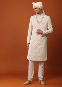 Ivory-White Sherwani Set in Silk With Sequins Embroidery