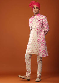 Candy Pink Sherwani Set With Open Floral Jacket