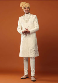 Pearl White Sherwani Set In Silk With Moti Handwork